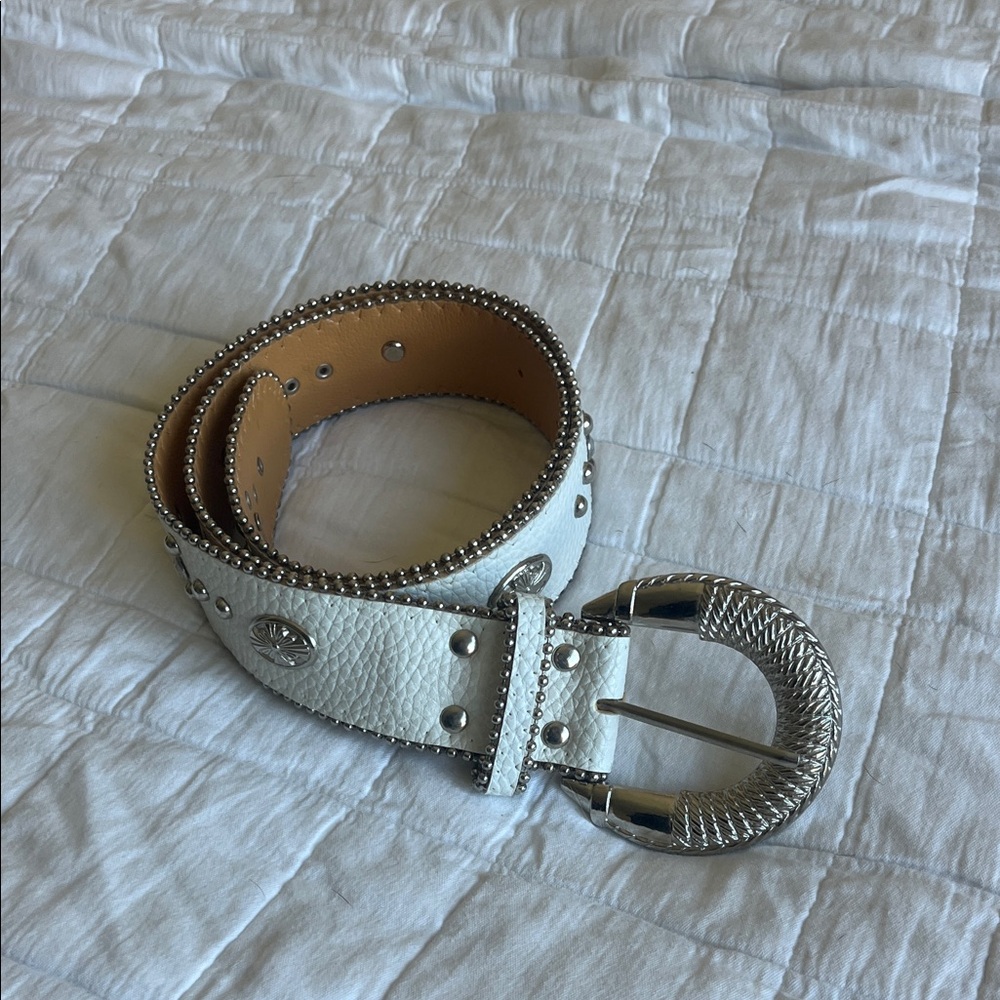 White Studded Leather Belt with Silver Buckle